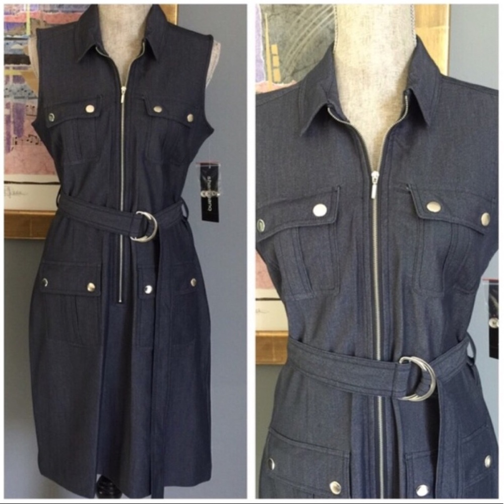 Sharagano Zipper Front Belted Pocketed Dress